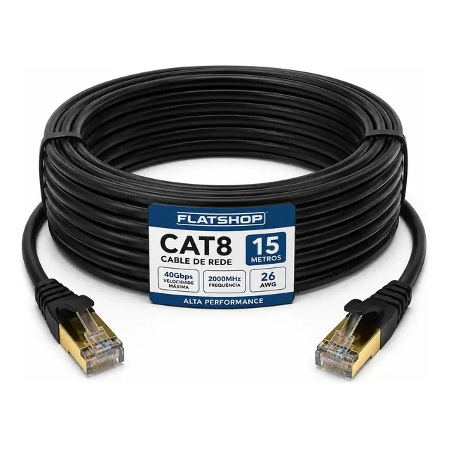 Cabo De Rede Internet Cat8 15 Metros 15m Lan Rj45 Cftv Ethernet Crimpado Alta Velocidade 40gbps 2000mhz Giga Fio 26 Awg Marca Flatshop