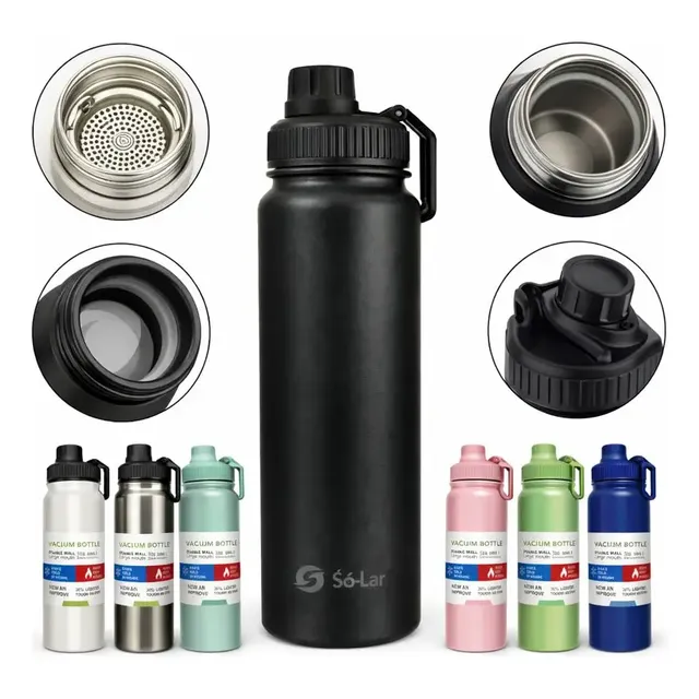Garrafa Térmica 800ml Isolada A Vácuo Squeeze Aço Inox Água Gelada Esporte Academia Com Alça Preto Sólar