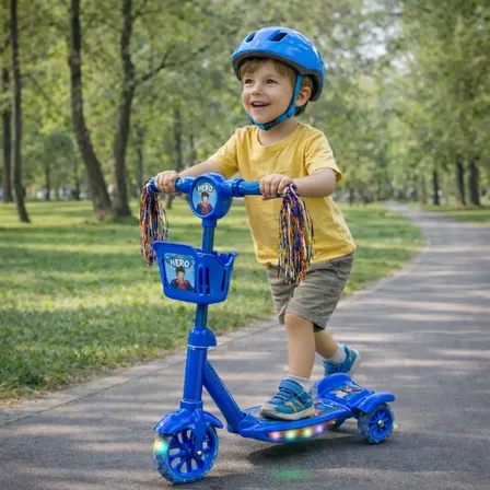 Patinete Infantil 3 Rodas Com Cestinha Som E Luz De Led Azul Bq Hero