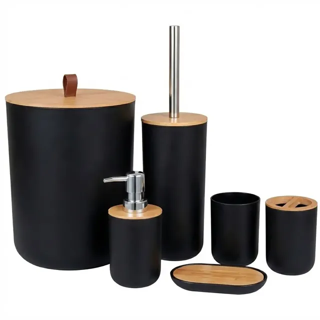 Kit Conjunto Banheiro 6 Peças Lixeira Com Tampa Bambu Plástico Organizador Decoração Lavabo Suporte Sabonete Liquido Escova De Dente Lixo Escova De Vaso Sanitario Preto Shokki
