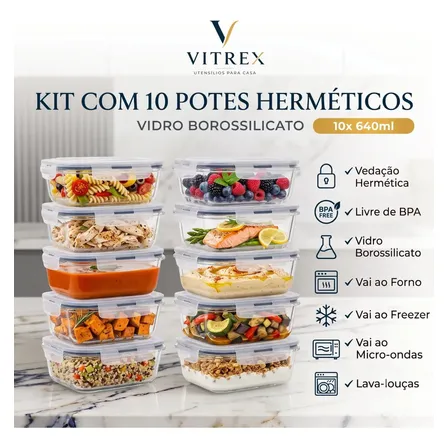 Kit 10 Pote De Vidro Marmita Hermético 640ml Freezer Fitness Vitrex