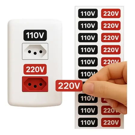 Etiqueta Identificação Tomada Adesivo Voltagem Prova D'água 220v 110v - 100 Unidades Preto E Vermelho 110/220