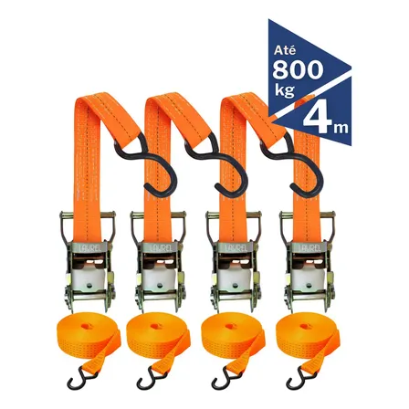 Kit 4 Cintas Catraca 4m 800kg Poliéster Trançado Ultra Resistente Gancho Emborrachado Transporte Seguro Cargas Caminhão Mudança Moto Laranja
