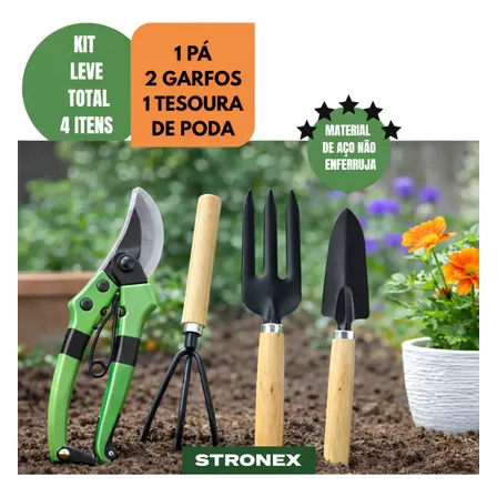 Kit Para Ferramentas Para Jardinagem Completo 4 Peças Tesoura De Poda + Pá + Gancho + Ancinho Stronex