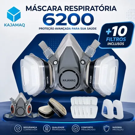 Máscara para Pintura Automotiva 6200 semi facial com carvão ativo + Kit Completo 10 Filtros 5n11 respirador premium reutilizável para soldador funileiro mascara cabeleireiro proteção gases químico pó