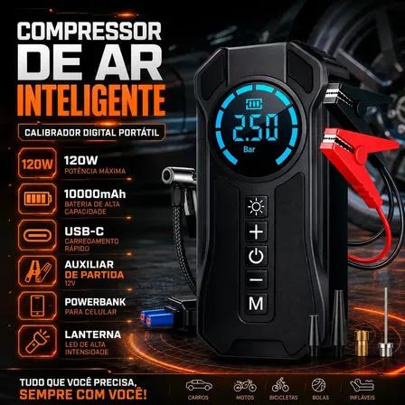 Compressor De Ar Compacto 150 Psi Para Pneus De Portátil Leves Air Pump Auxiliar De Partida Veículos E Powerbank