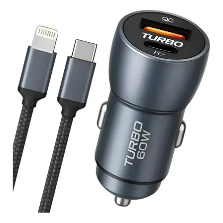 Carregador Veicular Turbo 60w Strimtech Usb-a Usb-c Com Cabo Trançado 1m Carregamento Rápido Qc3.0 Pd Para iPhone 11 12 13 14 iPad Automotivo