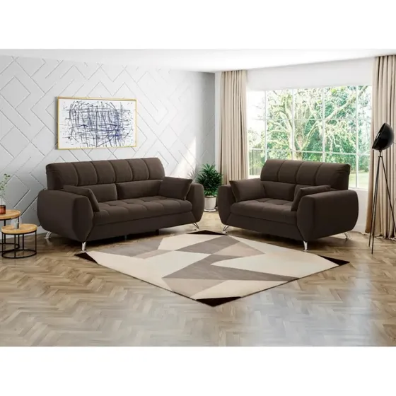 Sofá 3 E 2 Lugares Bélgica Em Tecido Suede Com 4 Almofadas Caf