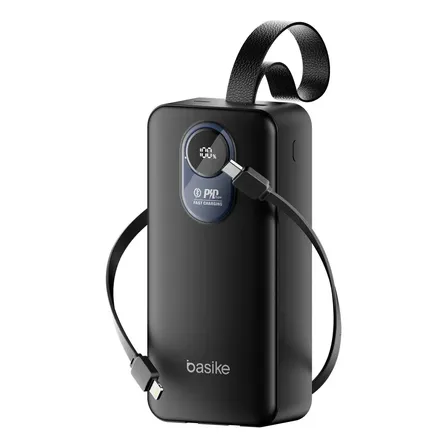 Power Bank Basike 30.000mAh Portátil, Carregamento Rápido 22.5W, com Cabos Embutidos e Display LED para iPhone e Samsung