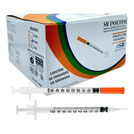 Kit 50 Unidades Seringa Insulina 0.5ml 8mmx30mm agulha fixa Ultrafina SR 50UI