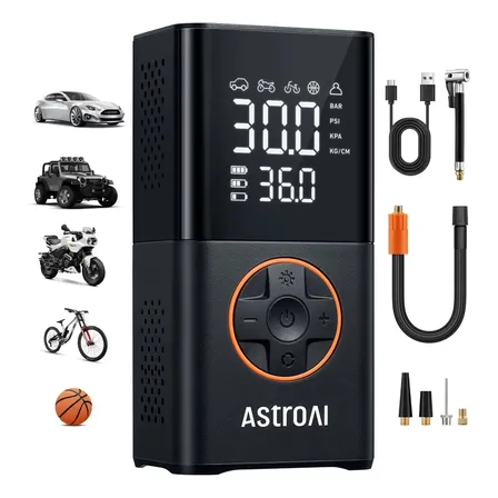 Mini compressor 12V AstroAI Inflador de pneus Compressor de ar portátil bomba de bicicleta sem fio com visor digital de valores duplos,bomba de ar para pneus de carro de 150PSI com luzes LED