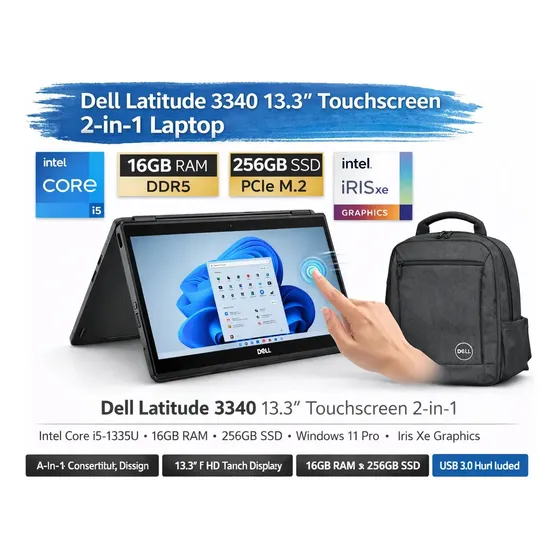 Notebook Dell Latitude 3340 2-em-1 Com Tela Touch 13.3 Core I5, 16gb Ram E 256gb Ssd Windows 11 Pro Iris Xe + Mochila E Hub Usb Cinza