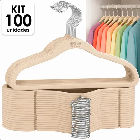 Kit 100 Cabides Veludo Bege Antideslizante Slim Irsina Gancho Giratório De Aço Inox