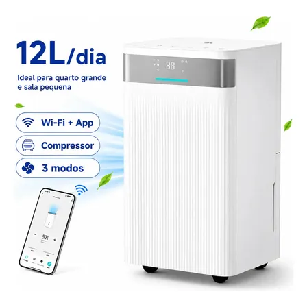 Desumidificador de Ar Airluma 12L/dia com Compressor e Wi-Fi, Timer 24h, Antimofo, 3 Modos, Rodinhas 360°, Drenagem Contínua, para Banheiro, Quarto Infantil e Ambientes com Ar