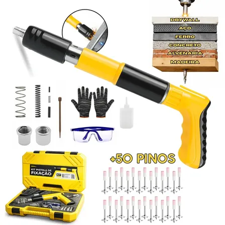 Pistola Finca Pino Fixação Ação Direta + 50 Pinos Grampos Epi Maleta Pinador Pregador Grampeador Rebitador De Pregos Pressão Manual Ferramenta Para Drywal Gesso Concreto Aço Parede Indue Variedades