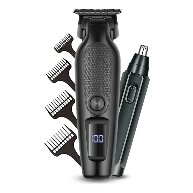 Máquina De Corte Acabamento Com Visor Led Profissional + Brinde Cabelo Pelo Barbear Trimmer Maquininha Detalhes Sem Fio Preto 127/220v