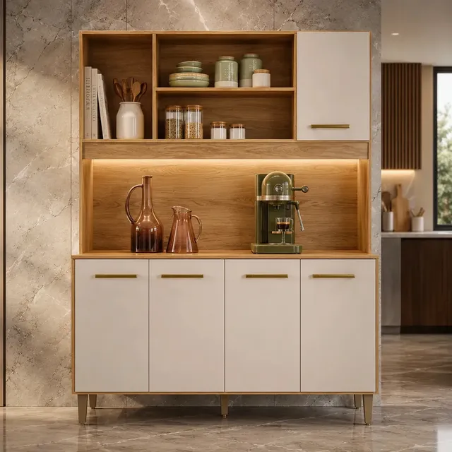 Kit Armário de Cozinha Nicioli Magazin 120 5 Portas Freijó/Off White Cristal Moderno Compacto Organizador Resistente