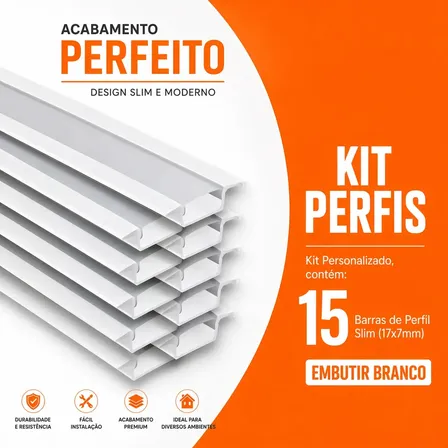 Perfil de Alumínio Embutir Branco para Fita LED Slim 2m, Kit com 15 Barras e Acabamento Completo