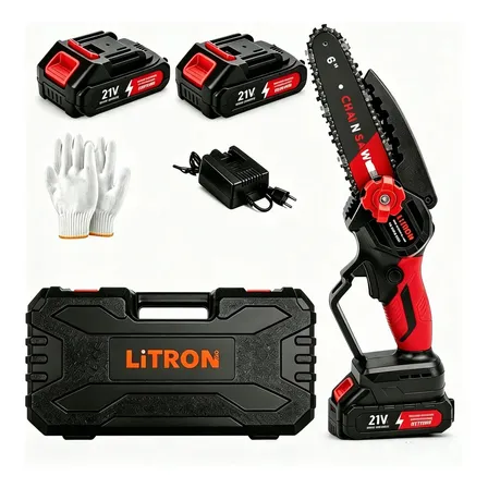 Mini Motosserra Elétrica Portátil 6 Polegadas 21v Duas Baterias Recarregável Serra De Poda Para Jardim E Árvores Vermelho 127/220v 50 Hz/60 Hz