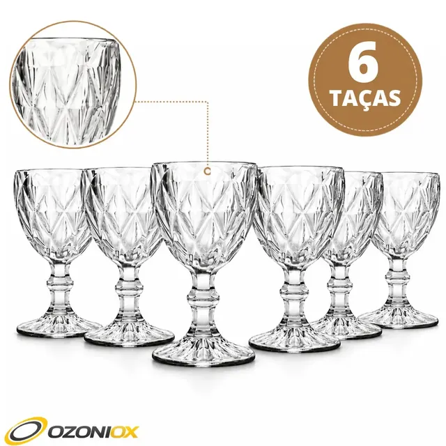 Jogo 6 Taças De Vidro 330ml Diamond Luxo Transparente Incolor Para Bebidas Ozoniox