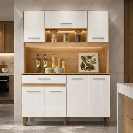 Kit Armário Nicioli Cozinha luxo 120 Magazin mdp 7 Portas 1 Gaveta Design Cozinha Moderna Cor Freijó Off White Cristal