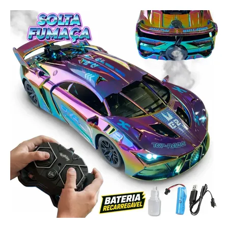 Carrinho Controle Remoto Recarregável Grande Solta Fumaça Luzes Farol Esportivo Cor Metalizado Led Drift Hyper Atacarejo Kids Carro De Corrida