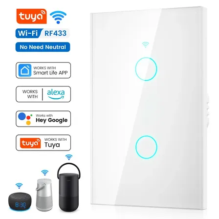 Forestory Interruptor Inteligente Dimmer Wifi 2 Botão Touch Alexa Touch Tuya Smart Life Alexa Google Home Aligenie Yandex Alice Smart Automação Compatível Wifi 2.4ghz Rf433 Bluetooth 100-240v 10a