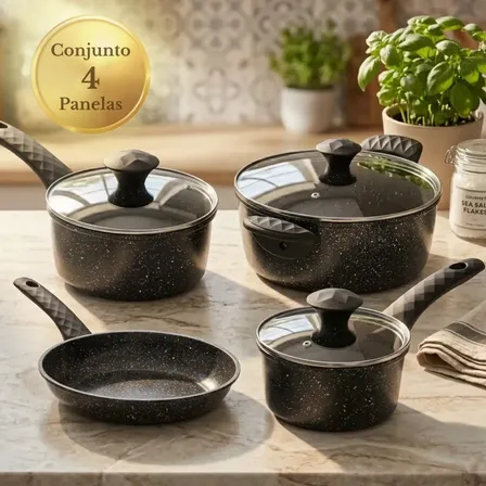 Jogo Completo 4 Panelas De Alumínio Cerâmica Indução 5mm Revestimento Cerâmico Tampas De Vidro Fogão Indução Gás E Elétrico Pítia Preto