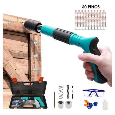 Pistola Fixação Finca Pino Ação Direta 60 Pregos Epis Maleta Pinador Pregador Grampeador Rebitador De Prego Pressão Manual Ferramenta Para Drywal Gesso Concreto Aço Parede + 60 Pinos Acessórios