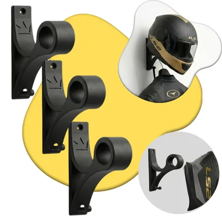 Kit 3 Suporte De Capacete Parede Kingbr Com Gancho Porta Chaves Organizador Acompanha Parafusos E Buchas Para Capacete De Moto Bike Motocross E Skate Cor Preto