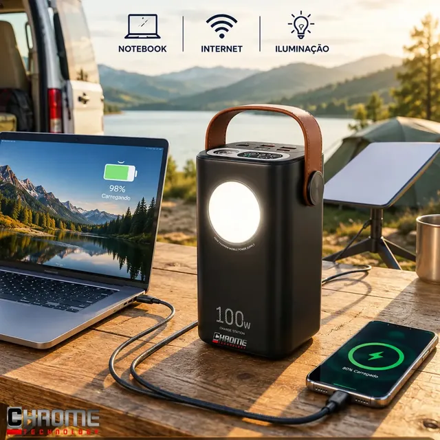 Power Bank 60.000mah 100w - Starlink Mini Ultra Rápido Carregador Portátil E Notebooks Celulares Computadores Viagens Trabalho Home Office Proteções Contra Sobrecarga Curto-circuito Chrome Technology.