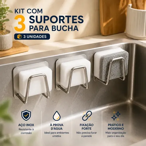 Kit 3 Suporte Porta Bucha Esponja Para Pia Cozinha Organizador Com Gancho Aço Inox Prata Prateado
