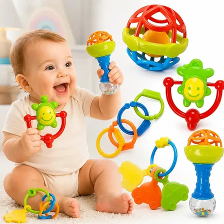 Kit Chocalho Bebe E Mordedores Para Recem Nascido 8 Peças Estímulo Sensorial Brinquedo Educativo Colorido Diversos