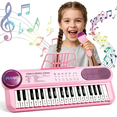 Teclado 37 Teclas BrincaMundo Com Microfone Karaokê Brinquedo Crianças Musical Educativo Piano Rosa