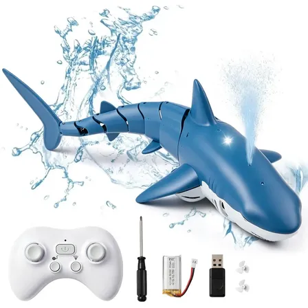 Tubarão com Controle Remoto Brincamundo Escala 1:18 Recarregável 2,4 GHz com Luz e Spray Azul