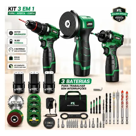 Kit Furadeira Parafusadeira Brushless + Mini Esmerilhadeira 3" 75mm Sem Fio 16.8V 3 em 1 Completo com 3 Baterias Carregador Bolsa Brocas Discos e Acessórios KILIAN ETHAN