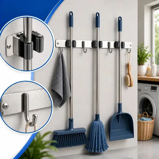 Suporte E Organizador Inox Pendurar Vassoura Pá Rodo Mop Organizador 7 Acessórios Parede Porta Organização Guardar Área De Serviço Cozinha Garagem Aço Inoxidável Armazenar Interno Externo - Diggicom