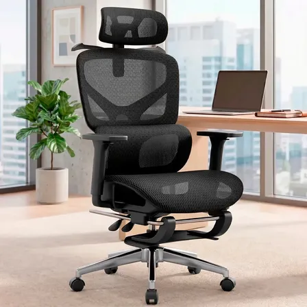 Cadeira Escritorio Ergonomica Giratoria Preta Apoio Cabeca Suporte Lombar Apoio Pes Encosto Reclinavel 6 Posições Tela Mesh Respirável Altura Ajustavel Suporta 200kg Delegate Nienz Preto