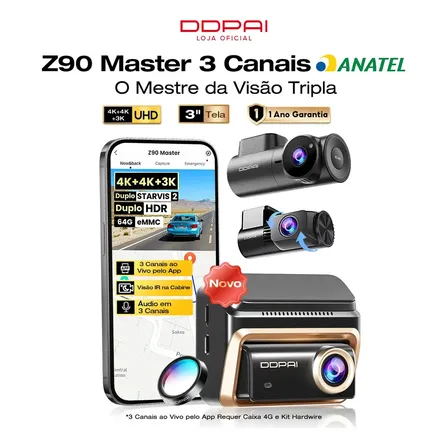 Câmera Veicular Visão Noturna Infravermelha Interna DDPAI Z90 Master 3 Canais 4K+3K+4K Sensores STARVIS 2 IMX678 + IMX678 com 64GB eMMC + Filtro CPL Suporte a Monitoramento Remoto 4G LTE Wi-Fi 5G