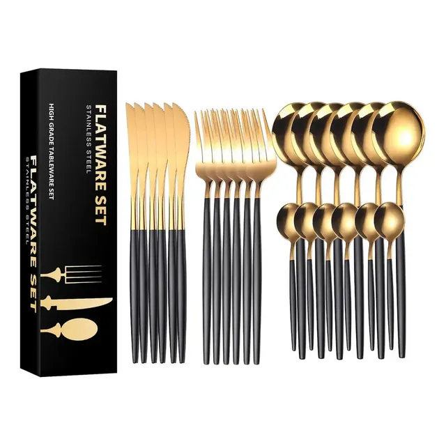 Kit 24 Peças Jogo De Talheres Dourados Aço Inoxidável 416 Preto-ouro