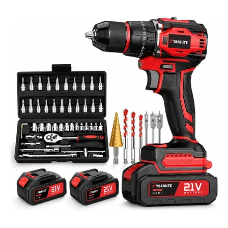 Furadeira De Impacto Parafusadeira Brushless 21v Cyberlite Sem Fio Bivolt Profissional + Kit 46 Peças E 2 Baterias De Lítio Bolsa
