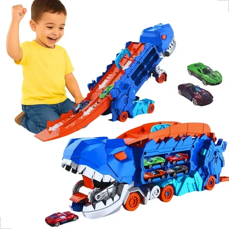 Pista Caminhão Dinossauro Tubarão Carrinhos Garage Brinquedo Cor T-Rex Azul