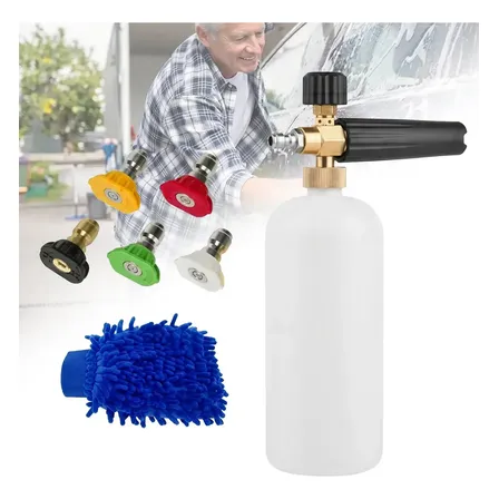 Snow Foam Canhão De Espuma Pulverizador Aplicador 1L Para Lavadora Alta Pressão Estética Automotiva Lavagem de Carros e Motos 5 Bicos Com Engate Rápido 1/4 E Luva Microfibra