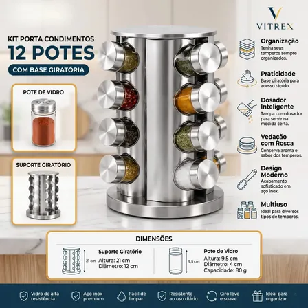 Kit Porta Temperos Condimentos 12 Potes C/ Temperos Em Vidro E Inox Com Base Giratória
