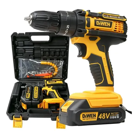 Parafusadeira Furadeira 48v Profissional 2 Baterias Sem Fio Amarelo - Dewen 127/220v 60hz