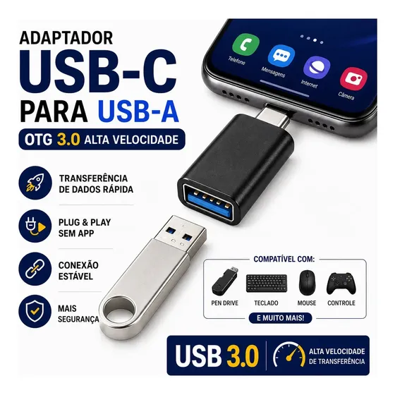 Adaptador OTG USB para Tipo C Fêmea com Entrada Macho 3.0 para Celular