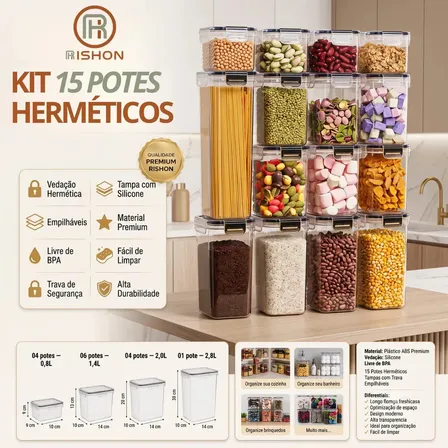 Kit 15 Potes Hermético Cadencia Mantimentos Quadrado Cozinha Branco Rishon 22,4 Litros Transparente