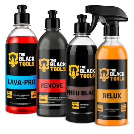 Kit Lavagem Shampoo Cera Automotiva Carro Moto Rapido Relux Renove Pneu Black Lava-pro Profissional The Black Tools