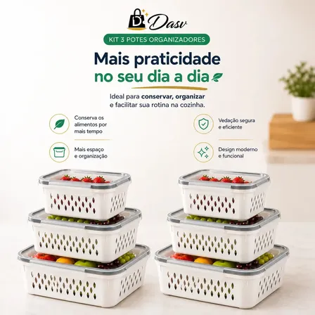 Conjunto Kit 6 Organizadores Geladeira Hermético Escorredor Cesto Frutas Alimentos Verduras Legumes Dasv Branco