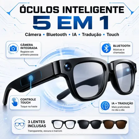 Óculos Inteligente Com Câmera 13MP Bluetooth Grava Video E Foto Tradução Ia Musica 3 Lentes